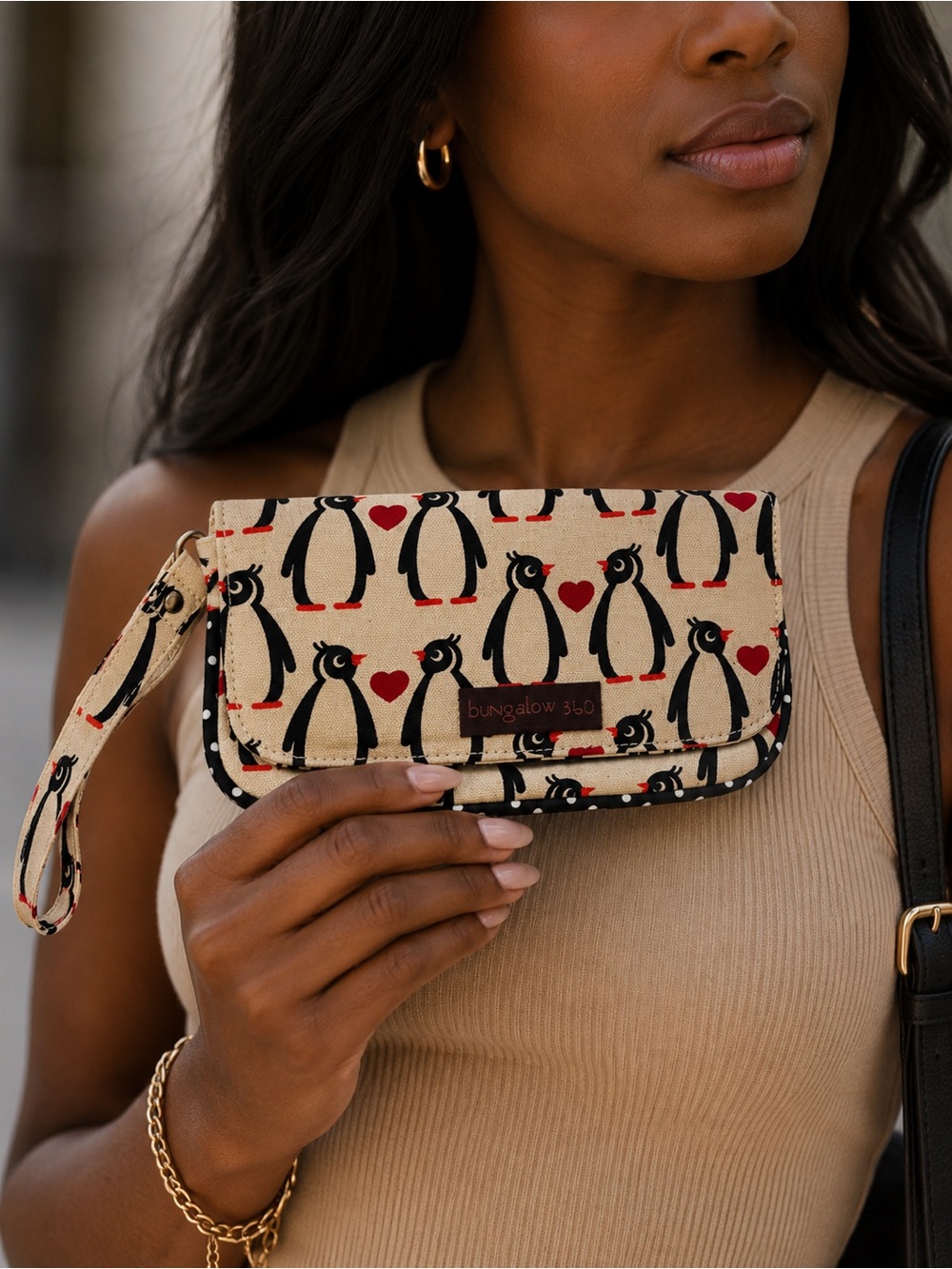 bungalow 360 Penguin Print Clutch in Beige, Black & Red